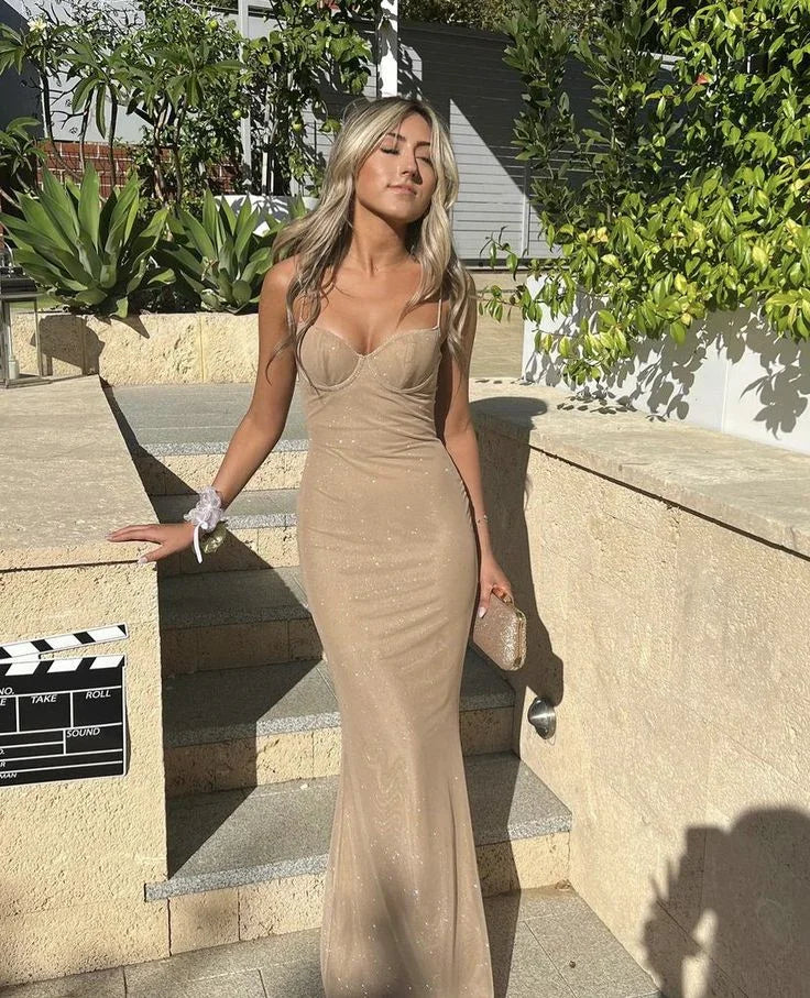 Robe longue de bal pailletée sirène à fines bretelles spaghetti Y7990