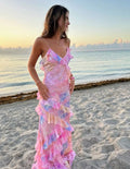 Abito da sera incantevole con spalline sottili romantiche, scollo a V, chiffon stampato, abito da ballo Y2306
