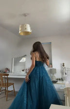 Vestido de Festa Elegante em Tule Brilhante com Alças Finas em Linha A Y406