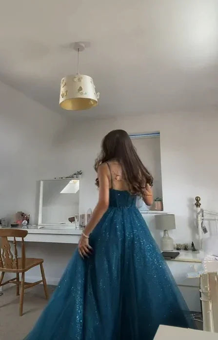 Vestido de Festa Elegante em Tule Brilhante com Alças Finas em Linha A Y406