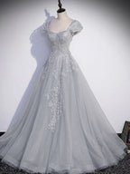 Abito lungo da sera grigio in tulle con paillettes a linea ad A, abito formale grigio da ballo Y4733