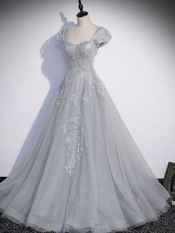 Abito lungo da sera grigio in tulle con paillettes a linea ad A, abito formale grigio da ballo Y4733