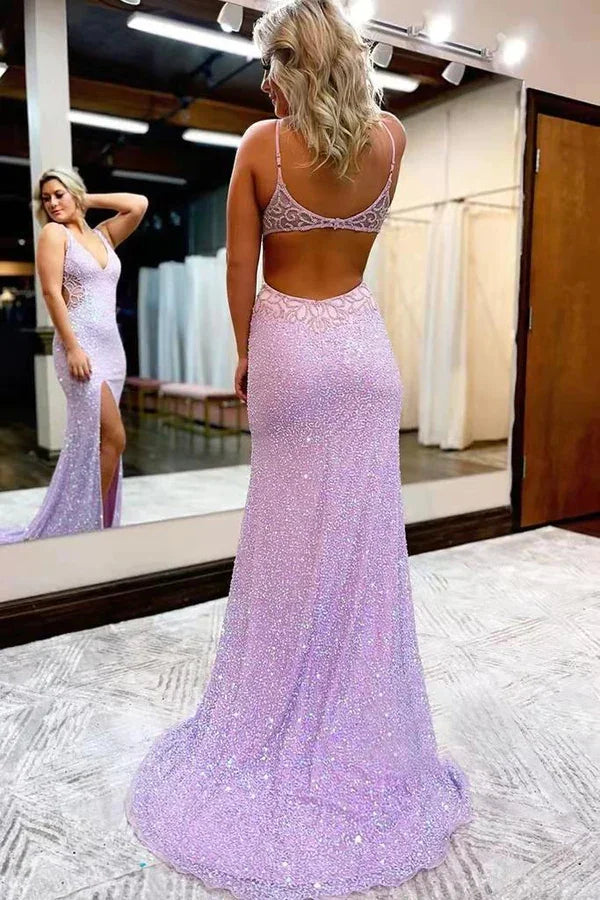 Nuovo Stile Abito Lungo da Cerimonia senza Maniche con Scollo a V, Brillante con Paillettes e Spacco Y1004
