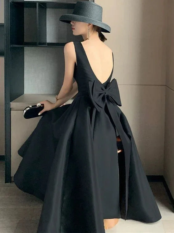 Elegante abito da sera nero per ballo di compleanno, senza schiena, con grande fiocco, lungo, per ospiti di festa estiva Y5790