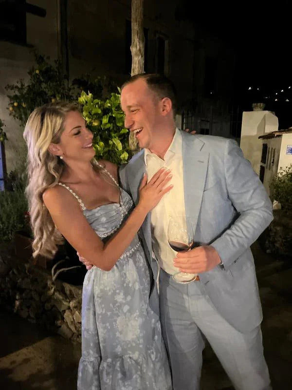 Vestido de noche elegante azul satinado con estampado floral, perlas en capas y cuentas, línea A con abertura, vestido de fiesta y baile Y8461