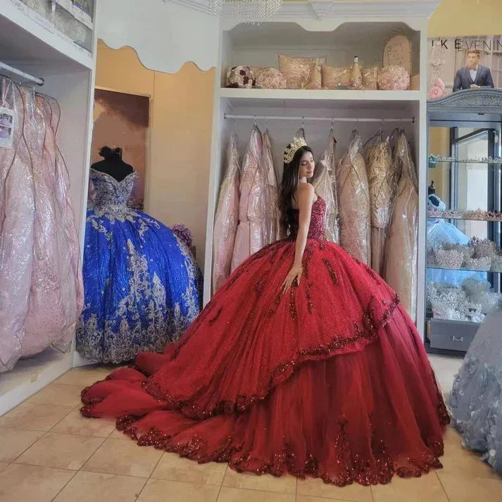 Abiti rossi nuovi per Quinceañera con paillettes, perline, applicazioni, scollo a cuore, formali, da festa, principessa, abiti da ballo Vestidos Y4257