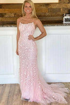 Abito da sera rosa con merletto e tulle a sirena, schiena allacciata Y2902