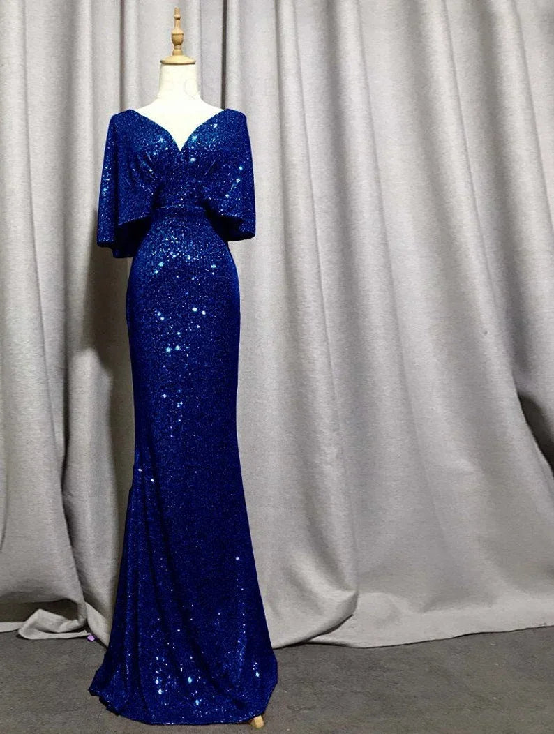 Abito da sera con scollo a V sexy e maniche corte a sirena, elegante abito da festa formale con maniche a pipistrello scintillanti Y1390