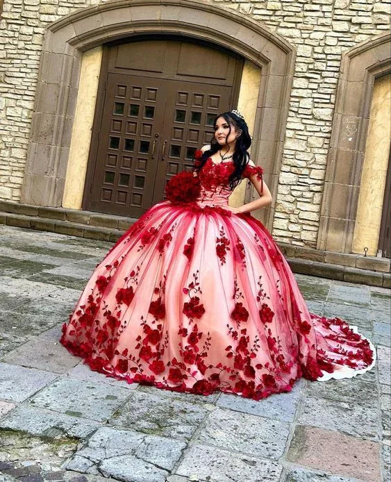 Abito da ballo su misura con fiori tridimensionali rossi in pizzo, scollo a spalle scoperte, per Quinceañera Y6956
