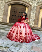 Abito da ballo su misura con fiori tridimensionali rossi in pizzo, scollo a spalle scoperte, per Quinceañera Y6956