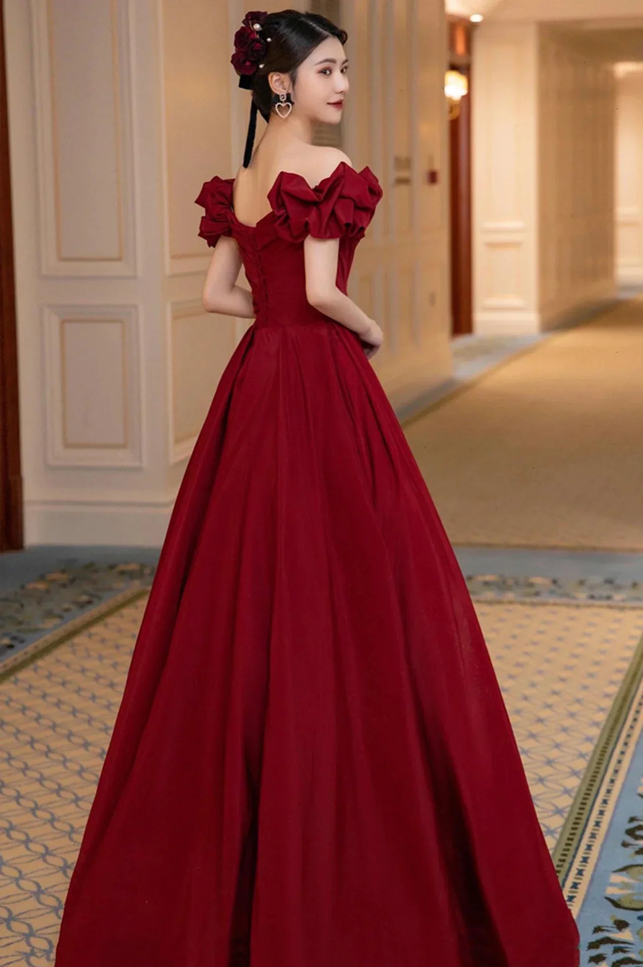 Vestido longo de cetim bordô para baile, vestido de noite em linha A Y1658