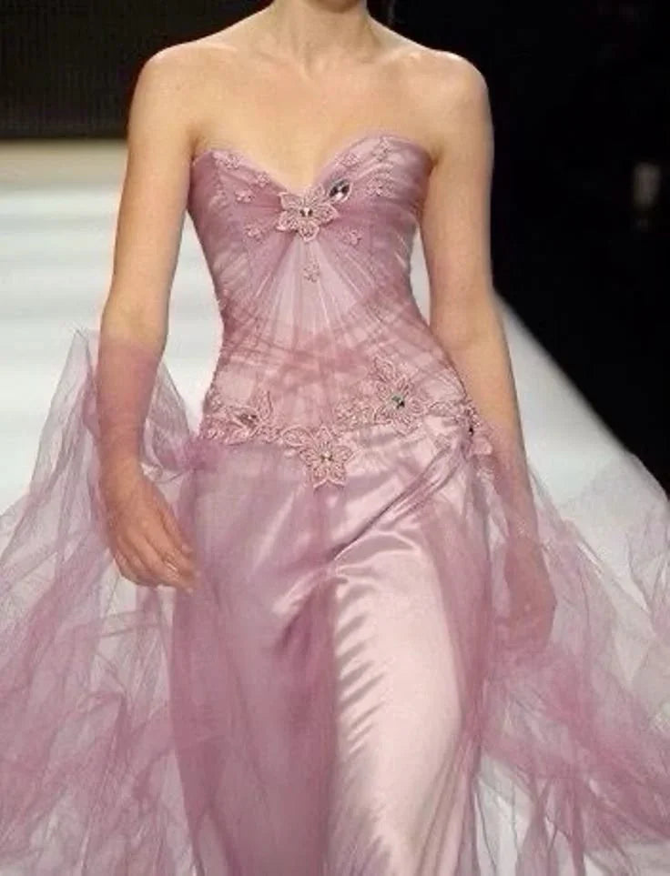 Robe longue de bal rose charmante en satin et tulle avec appliques pour soirée Y8439