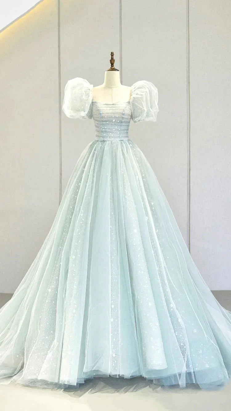 Vestido longo azul de cerimónia com mangas bufantes em linha A, vestido formal de noite em tule Y2932