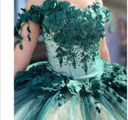Abito da ballo verde con spalle scoperte, fiori 3D, perline e applicazioni, abito dolce 15 16 per festa di quindici anni e ballo di fine anno Y292