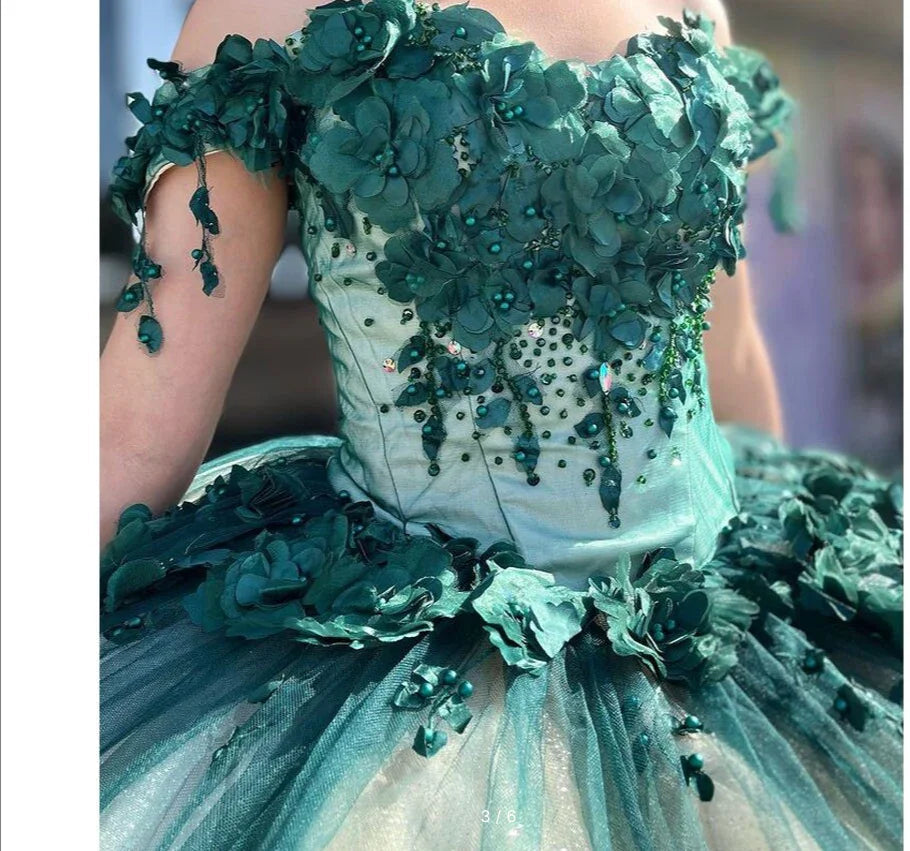 Abito da ballo verde con spalle scoperte, fiori 3D, perline e applicazioni, abito dolce 15 16 per festa di quindici anni e ballo di fine anno Y292