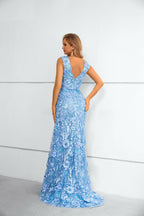 Abito lungo sirena blu con scollo a V, paillettes floreali tridimensionali e strascico