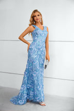 Abito lungo sirena blu con scollo a V, paillettes floreali tridimensionali e strascico