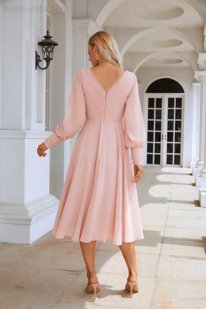 Vestido de Senhora em Chiffon com Decote em V, Manga Comprida, Comprimento ao Joelho, para Damas de Honra, Baile de Finalistas, Noite, Casamento e Festa Compras SEA28107