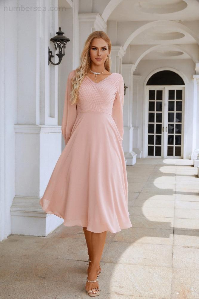 Vestido de Senhora em Chiffon com Decote em V, Manga Comprida, Comprimento ao Joelho, para Damas de Honra, Baile de Finalistas, Noite, Casamento e Festa Compras SEA28107