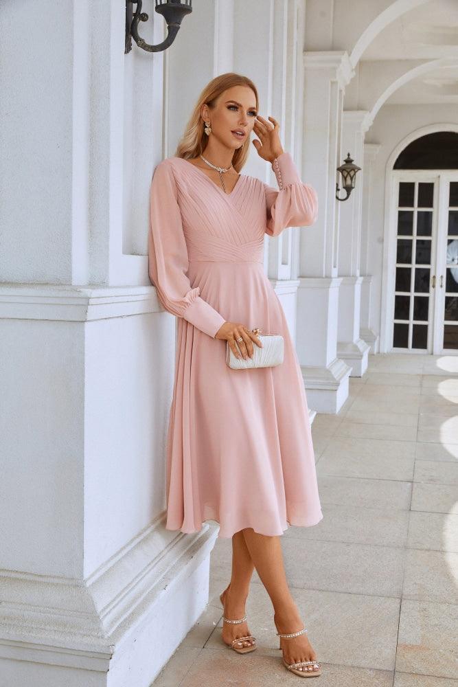 Vestido de Senhora em Chiffon com Decote em V, Manga Comprida, Comprimento ao Joelho, para Damas de Honra, Baile de Finalistas, Noite, Casamento e Festa Compras SEA28107