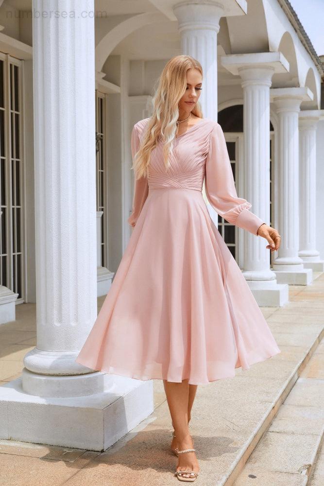 Vestido de Senhora em Chiffon com Decote em V, Manga Comprida, Comprimento ao Joelho, para Damas de Honra, Baile de Finalistas, Noite, Casamento e Festa Compras SEA28107