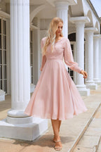 Vestido de Senhora em Chiffon com Decote em V, Manga Comprida, Comprimento ao Joelho, para Damas de Honra, Baile de Finalistas, Noite, Casamento e Festa Compras SEA28107