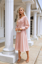 Vestido de Senhora em Chiffon com Decote em V, Manga Comprida, Comprimento ao Joelho, para Damas de Honra, Baile de Finalistas, Noite, Casamento e Festa Compras SEA28107