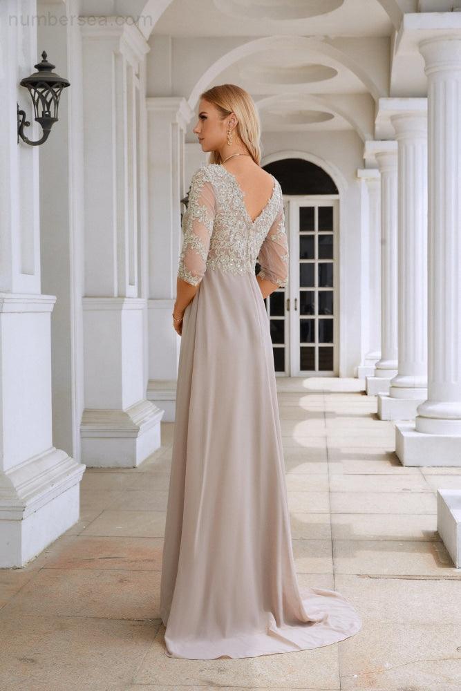 Vestido NúmeroMar para Mulheres em Chiffon com Decote em V e Manga Longa de Meia Altura para Mãe da Noiva em Casamento e Festa de Casamento 28108