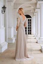 Vestido NúmeroMar para Mulheres em Chiffon com Decote em V e Manga Longa de Meia Altura para Mãe da Noiva em Casamento e Festa de Casamento 28108