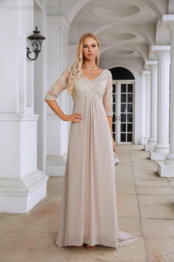 Vestido NúmeroMar para Mulheres em Chiffon com Decote em V e Manga Longa de Meia Altura para Mãe da Noiva em Casamento e Festa de Casamento 28108