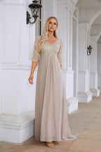 Vestido NúmeroMar para Mulheres em Chiffon com Decote em V e Manga Longa de Meia Altura para Mãe da Noiva em Casamento e Festa de Casamento 28108