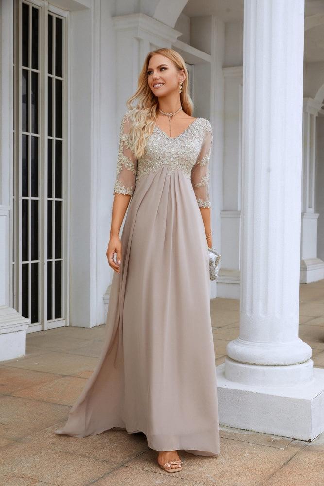 Vestido NúmeroMar para Mulheres em Chiffon com Decote em V e Manga Longa de Meia Altura para Mãe da Noiva em Casamento e Festa de Casamento 28108