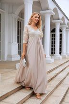 Vestido NúmeroMar para Mulheres em Chiffon com Decote em V e Manga Longa de Meia Altura para Mãe da Noiva em Casamento e Festa de Casamento 28108