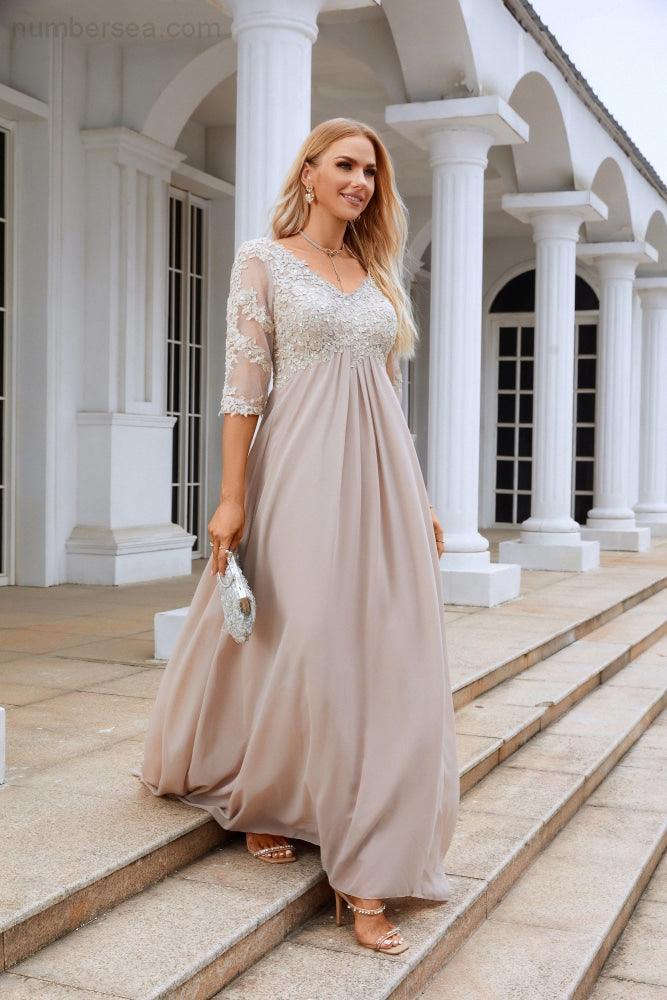 Vestido NúmeroMar para Mulheres em Chiffon com Decote em V e Manga Longa de Meia Altura para Mãe da Noiva em Casamento e Festa de Casamento 28108