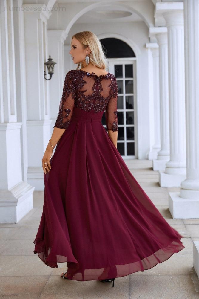 Vestido de Noite para Damas de Honra de Gaze com Decote em V e Bordados de Lantejoulas para Festas de Casamento, Baile de Finalistas e Ocasiões Especiais 28129