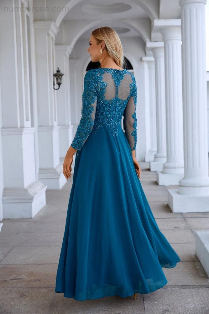 Vestido de Noite de Cetim com Rendas, Manga Comprida, Decote Redondo, para Damas de Honra, Festa de Casamento, Baile de Finalistas e Ocasiões Formais 28132