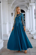 Vestido de Noite de Cetim com Rendas, Manga Comprida, Decote Redondo, para Damas de Honra, Festa de Casamento, Baile de Finalistas e Ocasiões Formais 28132