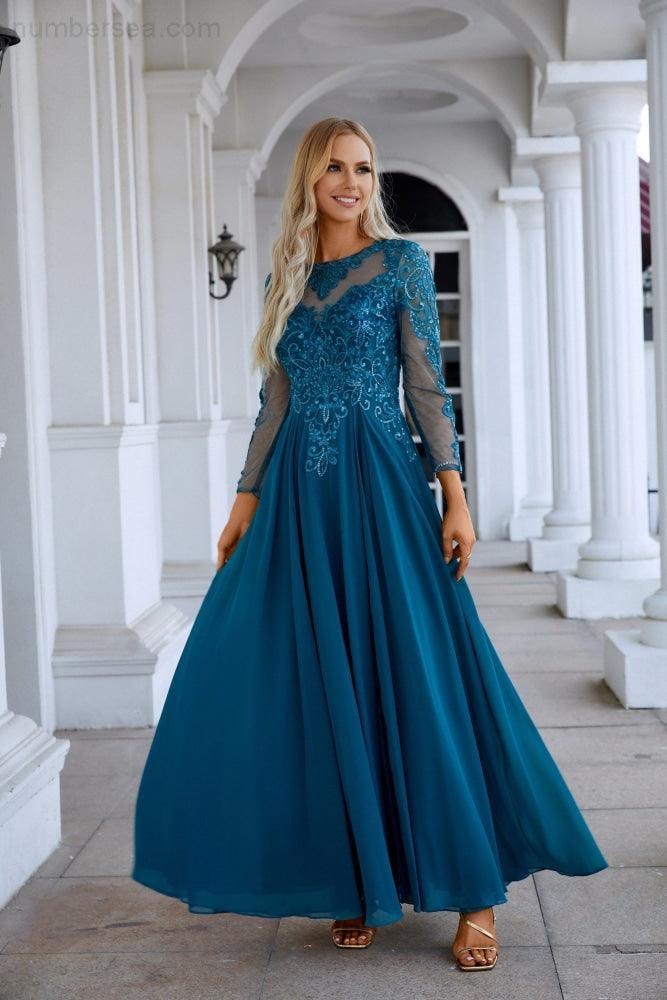 Vestido de Noite de Cetim com Rendas, Manga Comprida, Decote Redondo, para Damas de Honra, Festa de Casamento, Baile de Finalistas e Ocasiões Formais 28132