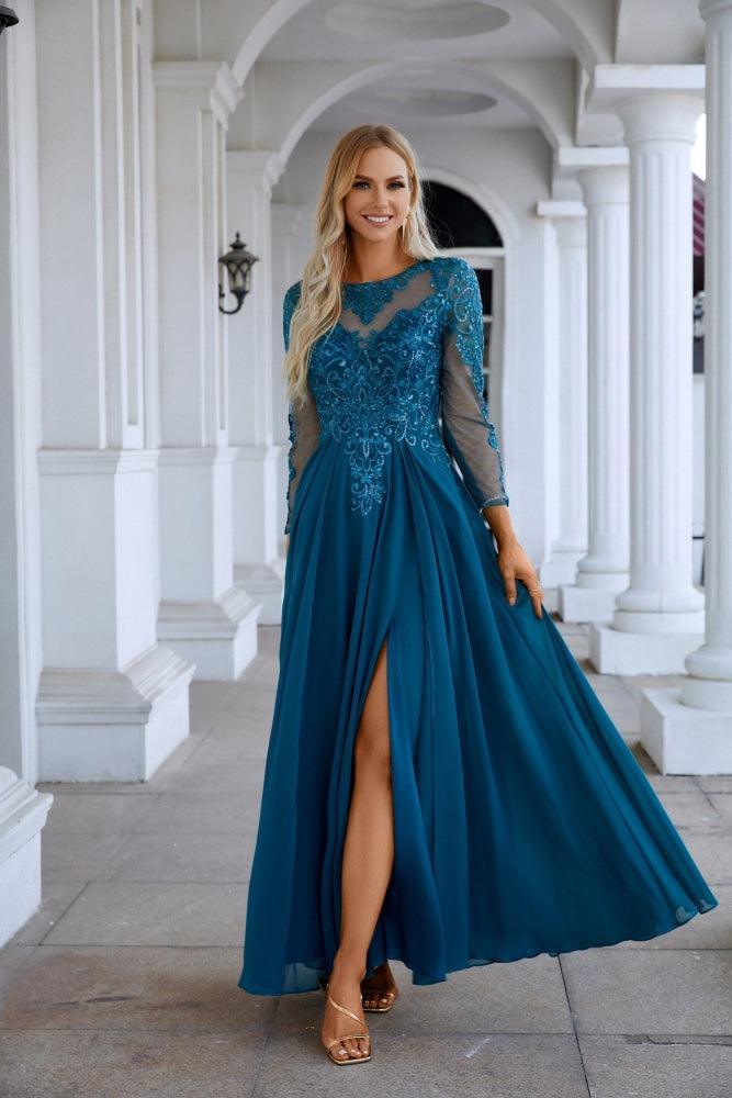 Vestido de Noite de Cetim com Rendas, Manga Comprida, Decote Redondo, para Damas de Honra, Festa de Casamento, Baile de Finalistas e Ocasiões Formais 28132