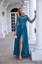 Vestido de Noite de Cetim com Rendas, Manga Comprida, Decote Redondo, para Damas de Honra, Festa de Casamento, Baile de Finalistas e Ocasiões Formais 28132