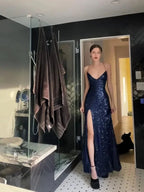 Vestido de Noite Comprido Azul Marinho Sexy com Decote em V e Fenda Vestido de Baile Y7798