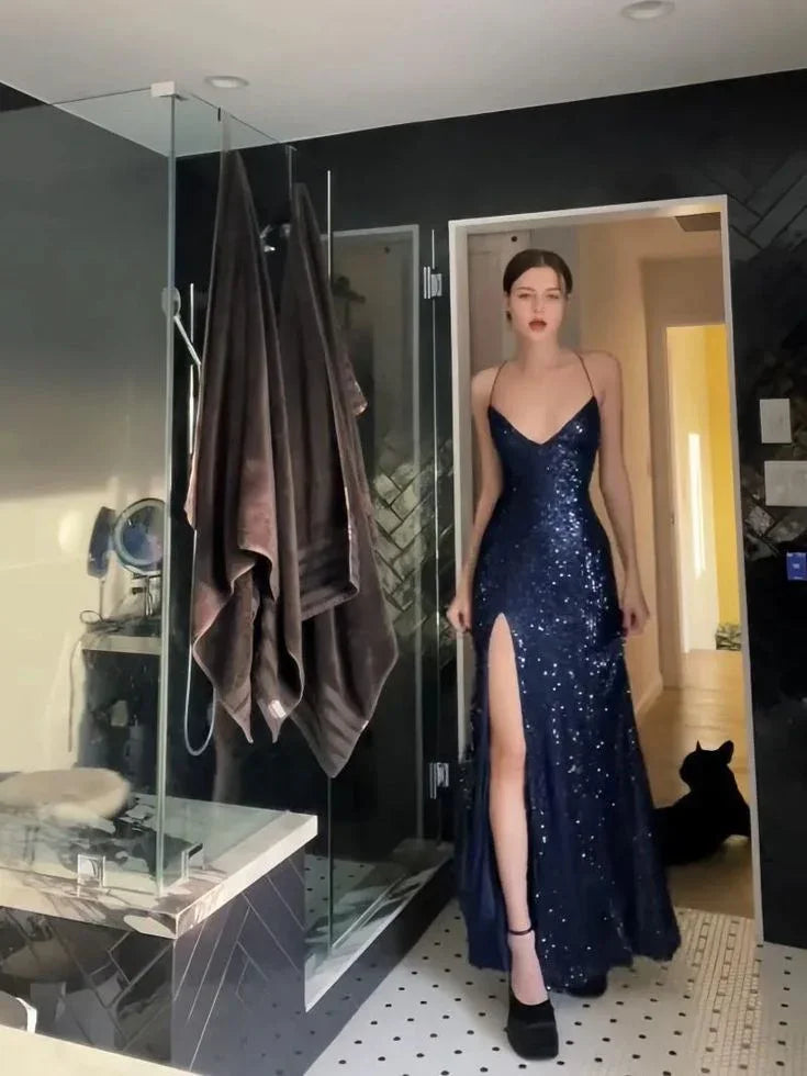 Vestido de Noite Comprido Azul Marinho Sexy com Decote em V e Fenda Vestido de Baile Y7798