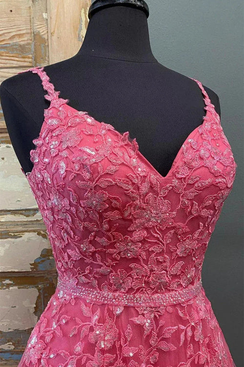 Robe longue de bal en dentelle rose vif à perles, col en V, robe de soirée formelle de remise de diplômes en dentelle rose vif Y216