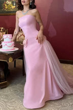 Vestido largo de fiesta rosa dulce sin tirantes con lazo anudado, vestido de noche de tul y satén Y8053