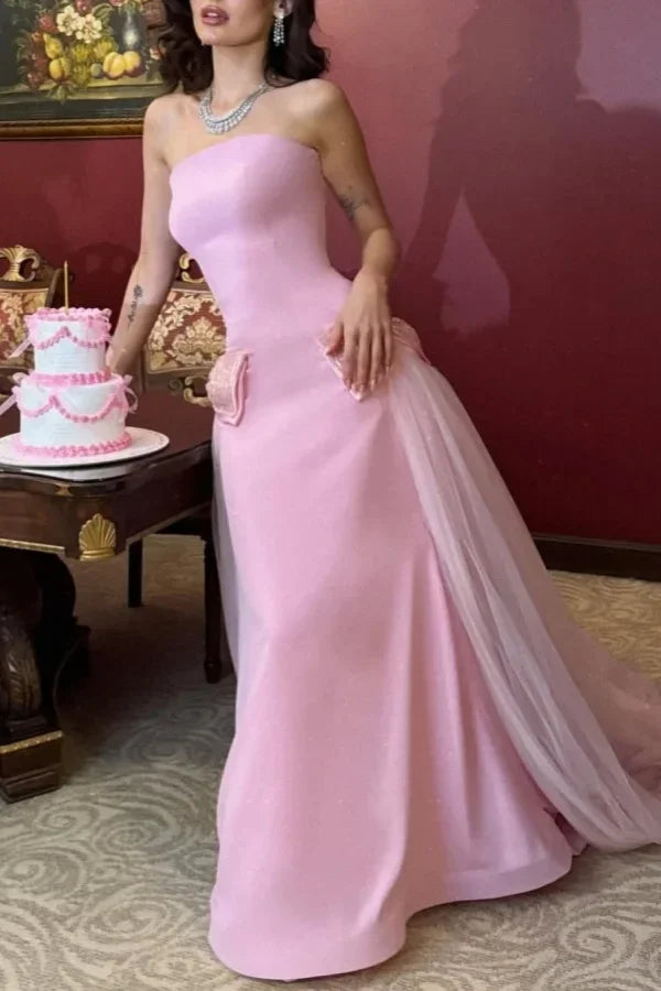 Vestido largo de fiesta rosa dulce sin tirantes con lazo anudado, vestido de noche de tul y satén Y8053