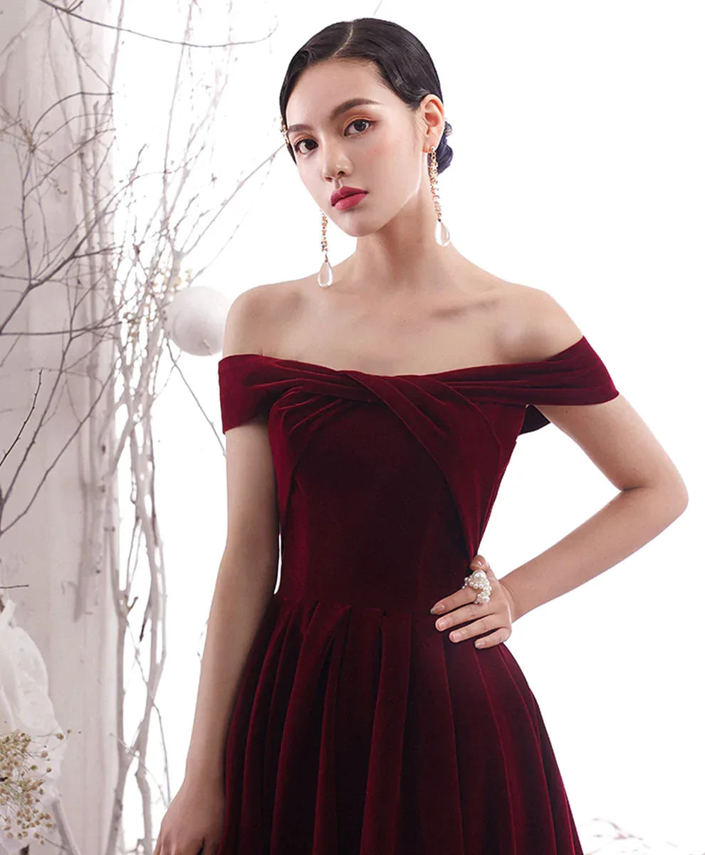 Abito lungo semplice color bordeaux per cerimonia Abito da sera bordeaux Y1428