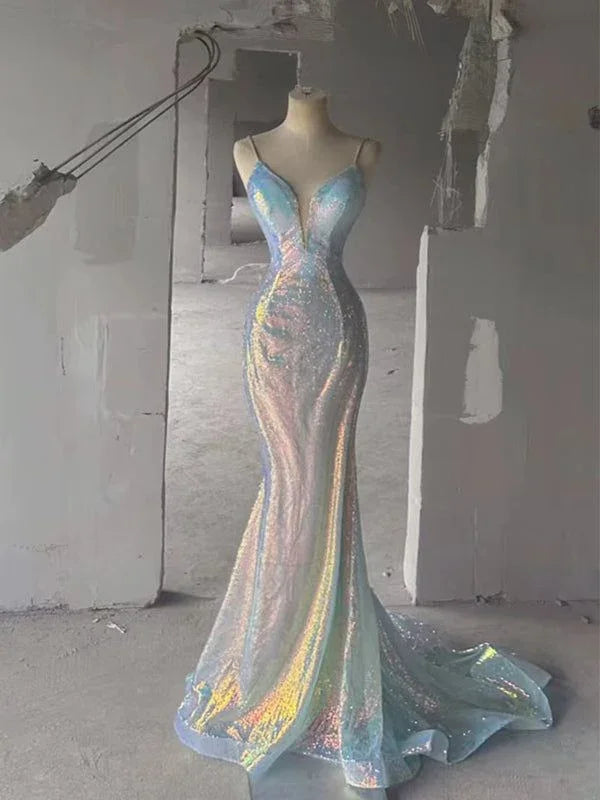 Vestidos longos de baile com alças finas cintilantes, lantejoulas, decote em V de sereia, costas descobertas, vestidos de noite Y7804