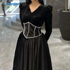 Abiti da sera formali in velluto nero per donna, scollo a V, maniche lunghe, perline, fondo in tulle bianco, abiti da festa Y4852