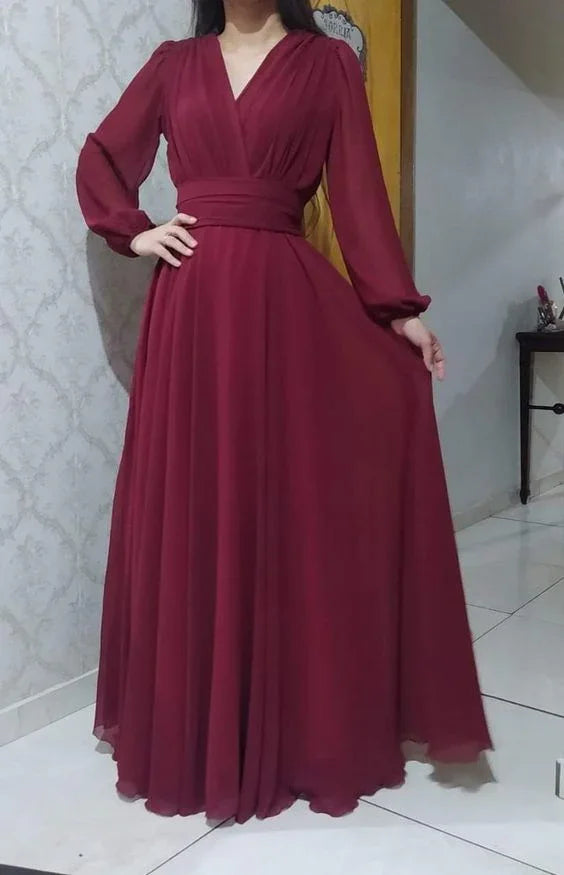 Elegante abito da sera lungo fino al pavimento a linea ad A, tinta unita, scollo a V Y5817