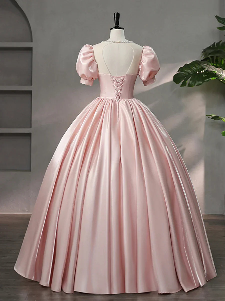 Vestido de Festa Comprido em Cetim Rosa Bonito com Decote Redondo, Corte em A, Mangas Curtas e Laço Y6082